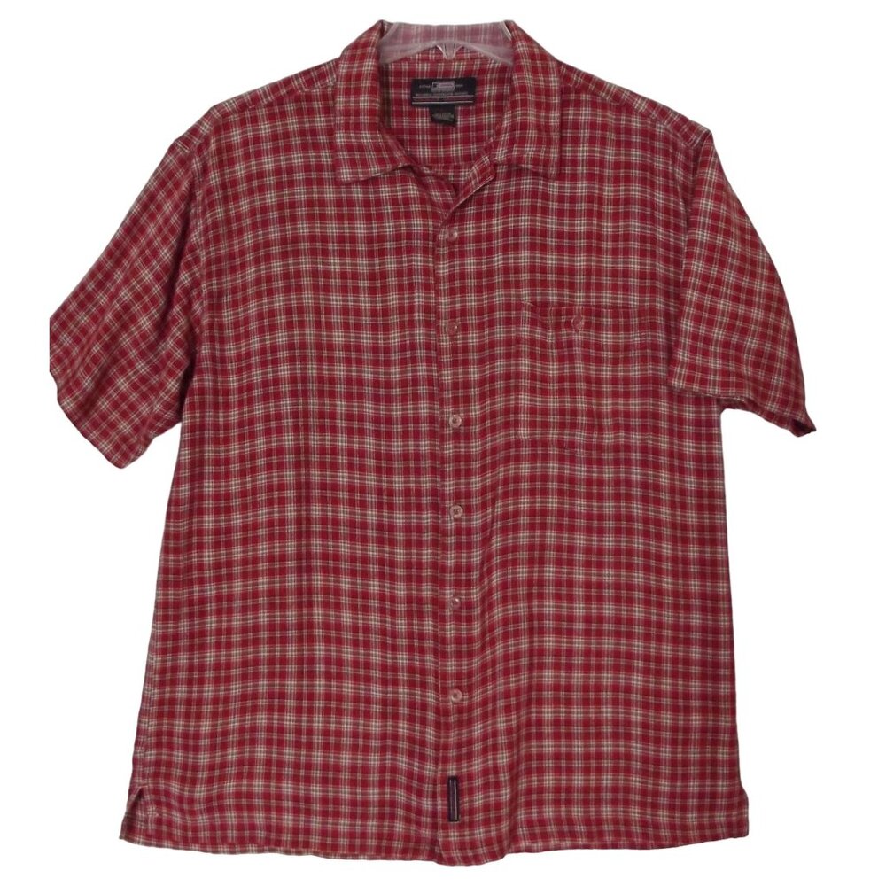 Vintage Colo Wear Shirt Mens XL red plaid short sleeve pocket soft viscose white